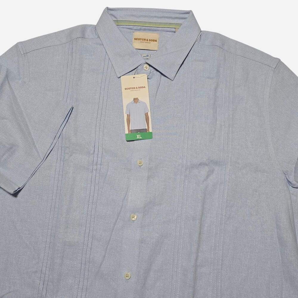 NWT - SCOTCH & SODA Men's XL Linen-Blend Pintuck Guayabera Blue Button Up Shirt